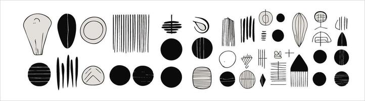 set elements features hand-drawn, minimalist, and abstract designs. Utilizing a monochrome palette with contemporary stripes and geometric shapes, for creating wall art vector