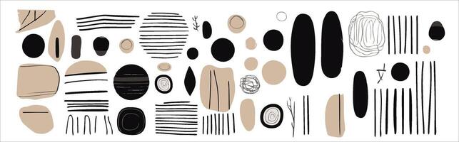 set elements features hand-drawn, minimalist, and abstract designs. Utilizing a monochrome palette with contemporary stripes and geometric shapes, for creating wall art vector