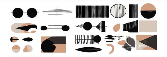 set elements features hand-drawn, minimalist, and abstract designs. Utilizing a monochrome palette with contemporary stripes and geometric shapes, for creating wall art vector