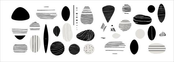 set elements features hand-drawn, minimalist, and abstract designs. Utilizing a monochrome palette with contemporary stripes and geometric shapes, for creating wall art vector