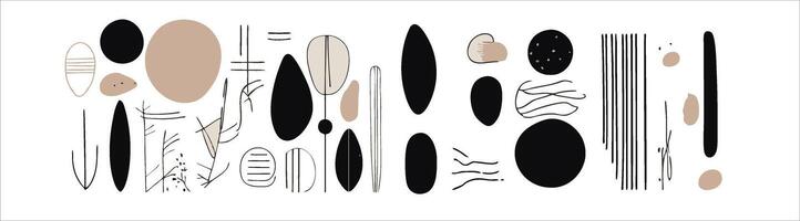 set elements features hand-drawn, minimalist, and abstract designs. Utilizing a monochrome palette with contemporary stripes and geometric shapes, for creating wall art vector