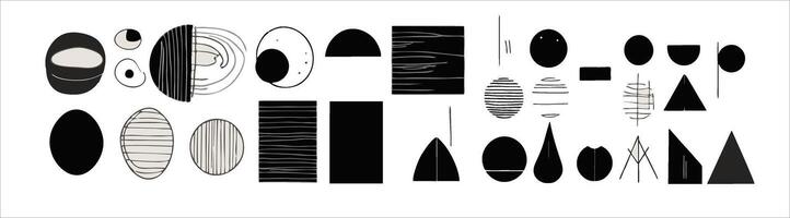 set elements features hand-drawn, minimalist, and abstract designs. Utilizing a monochrome palette with contemporary stripes and geometric shapes, for creating wall art vector