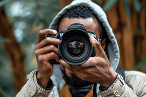 man hand holding camera looking through lens. photo