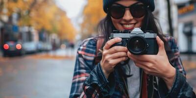 woman using camera in street . photo