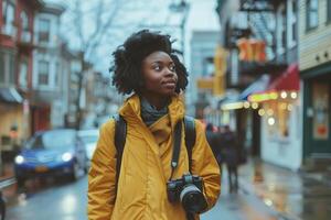 woman using camera in street . photo