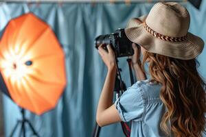 Happy Woman Holding Camera Taking Photo Indoors.
