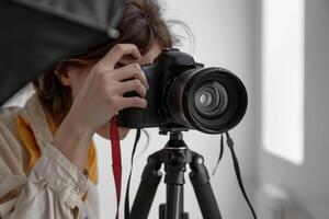 Happy Woman Holding Camera Taking Photo Indoors.