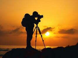 man hold camera on the cliff of the mountain on sunset background, photo