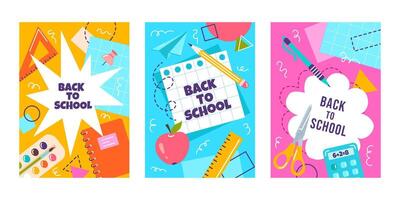 Posters set in doodle style with geometric shapes, design elements on school themes. Back to school, education concept vector