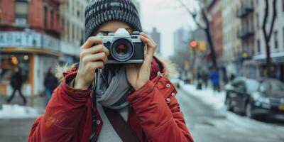 woman using camera in street . photo