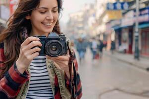 woman using camera in street . photo