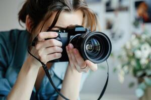 Happy Woman Holding Camera Taking Photo .
