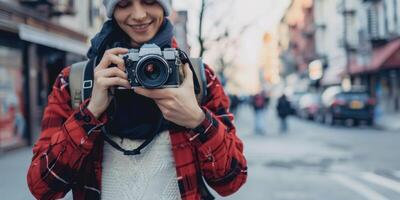 woman using camera in street . photo
