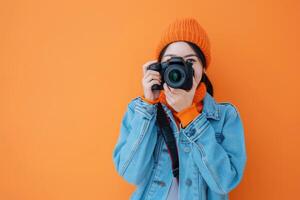 woman holding camera on solid bright background. photo