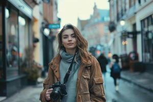 woman using camera in street . photo