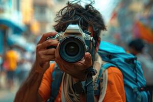 man hand holding camera looking through lens. photo