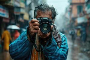 man hand holding camera looking through lens. photo