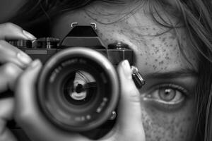 woman holding camera looking through lens. photo