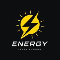 Lightning Element Inside a Yellow Circle with Sunlight Surrounding It. This logo is for an Energy Storage Company, Renewable Energy, or electric power technology vector