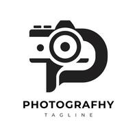 Photography logo with camera element with initial letter P. Unique combination of camera and letter shapes vector