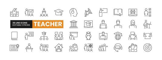 Set of 36 Teacher line icons set. Teacher outline icons with editable stroke collection. Includes Teacher, Mentor, Knowledge, E-Learning, Certificate, and More. vector