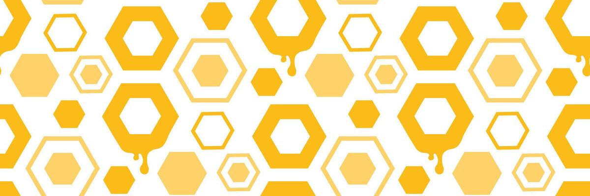 Honeycomb seamless pattern. mosaic geometric pattern of comb with hexagon cells, yellow fresh drops of honey flow from frames, healthy organic sweet farm food. illustration for branding.
