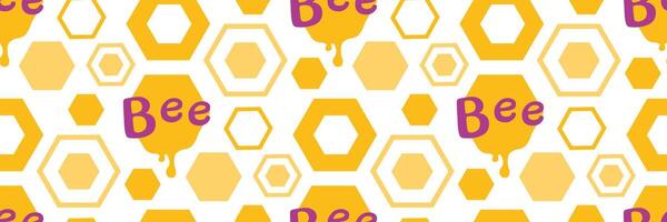 Honeycomb seamless pattern. mosaic geometric pattern of comb with hexagon cells, yellow fresh drops of honey flow from frames, healthy organic sweet farm food. illustration for branding. vector