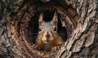 Top view of a squirrel peeking out from a tree hollow photo