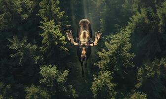 Top view of a moose walking through a dense forest photo
