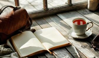 Notebook on a wooden table with a cup of tea and a handbag photo