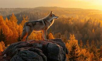 Top view of a wolf standing on a rocky outcrop photo