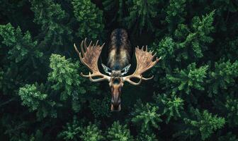 Top view of a moose standing at the edge of a forest clearing photo