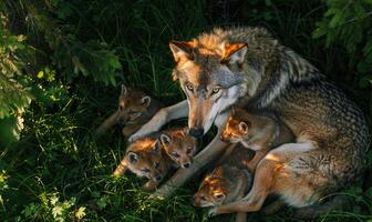 Top view of a wolf lying in the shade photo