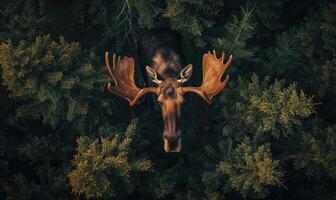 Top view of a moose standing at the edge of a forest clearing photo