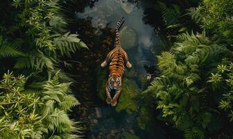 Top view of a tiger lying in the shade photo