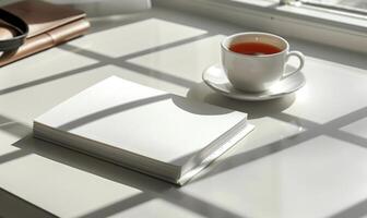 Closed notebook on a white table with a cup of coffee and a handbag photo