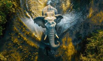 Top view of an elephant spraying water with trunk photo