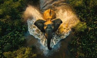 Top view of an elephant spraying water with trunk photo