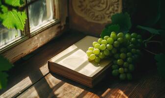 Notebook on a wooden table with a bunch of grapes photo