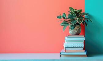 Stack of books on a light gray table with a pastel coral background, with a small calendar photo