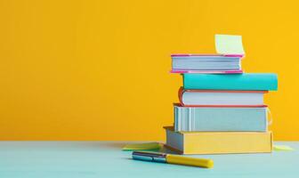 Stack of books on a light gray table with a pastel yellow background photo