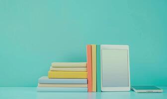 Stack of books on a light gray table with a pastel turquoise background with a tablet beside photo