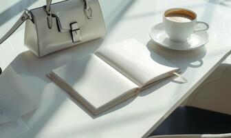 Closed notebook on a white table with a cup of coffee and a handbag photo