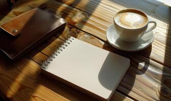 Notebook on a wooden table with a cup of tea and a handbag photo