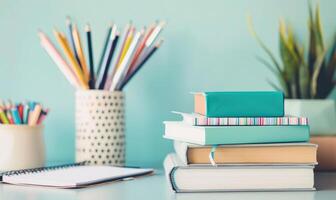 Stack of books on a light gray desk with a pastel cream background, with a notebook and colored pens photo