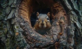 Top view of a squirrel peeking out from a tree hollow photo