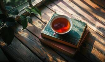Stack of books on a wooden table with a cup of tea next to it, shadow from window, top view photo