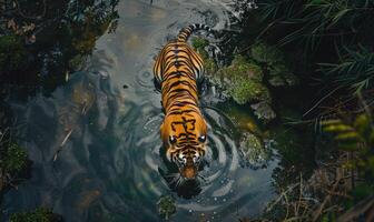 Top view of a tiger standing on a riverbank photo