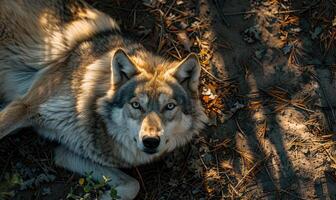 Top view of a wolf lying in the shade photo