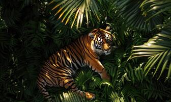 Top view of a tiger lying in the shade photo
